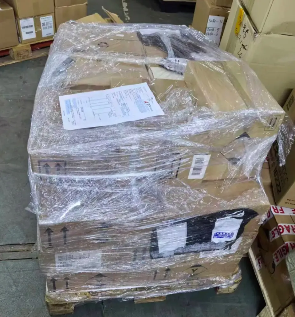 Palletized cartons wrapped in protective film